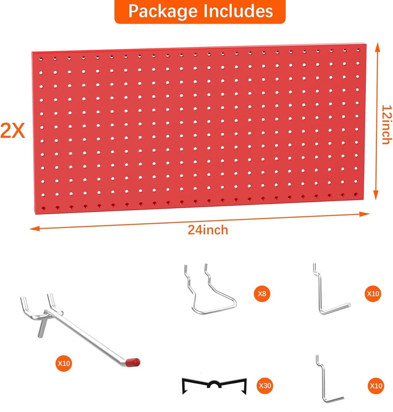 TORACK Metal Pegboard Wall Organizer 24" x 24" or 12" x 48", 70 PCS Tool Storage Pegboard for Garage Tool Organizer Board with Pegboard Hooks for Workbench(Red) - Image 4